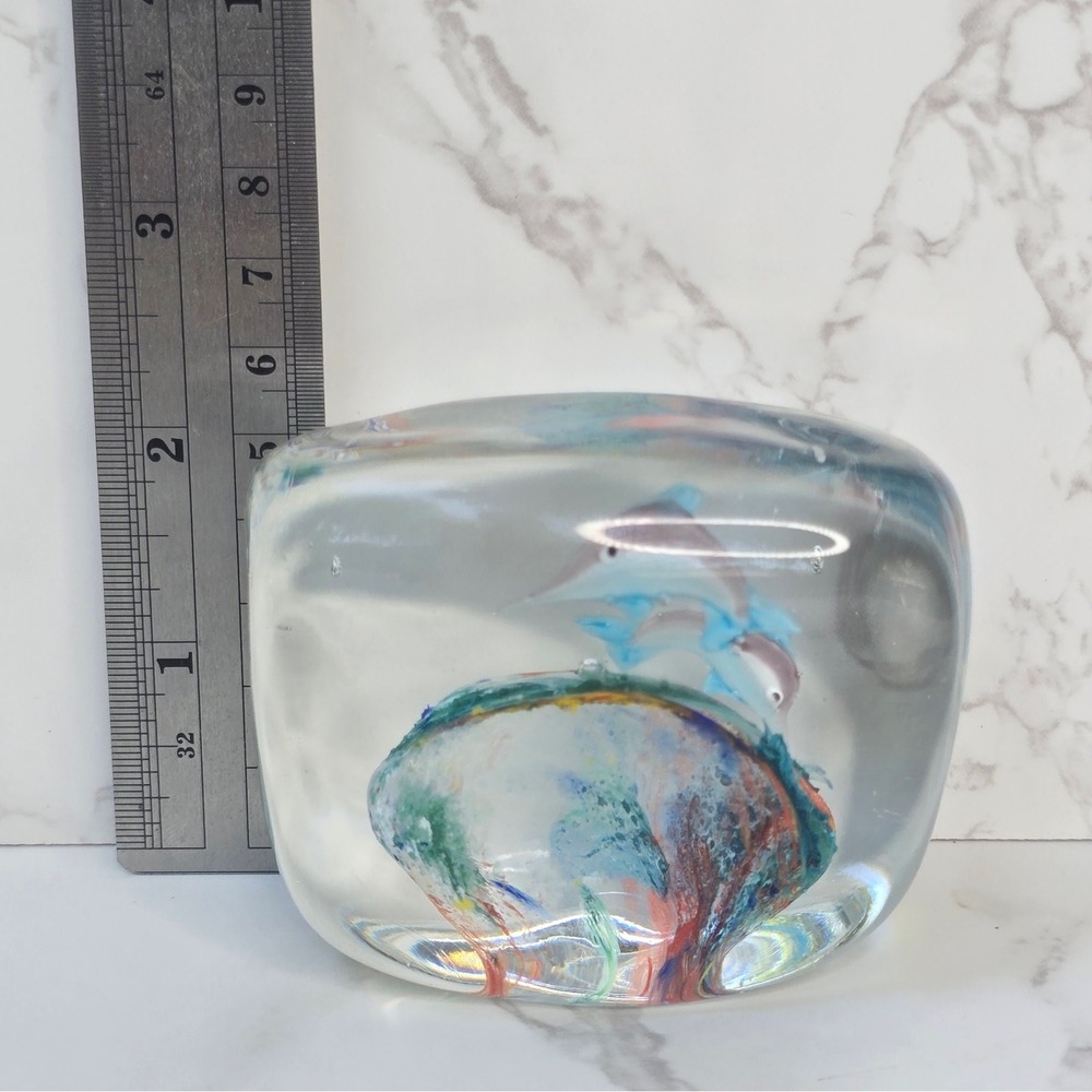 Vintage Art Glass Dolphin Paperweight Ocean Reef Figurine Blue Clear 3in - Picture 8 of 9